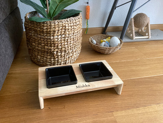 Gepersonaliseerde Luxe Voerbak Set Keramiek/Hout