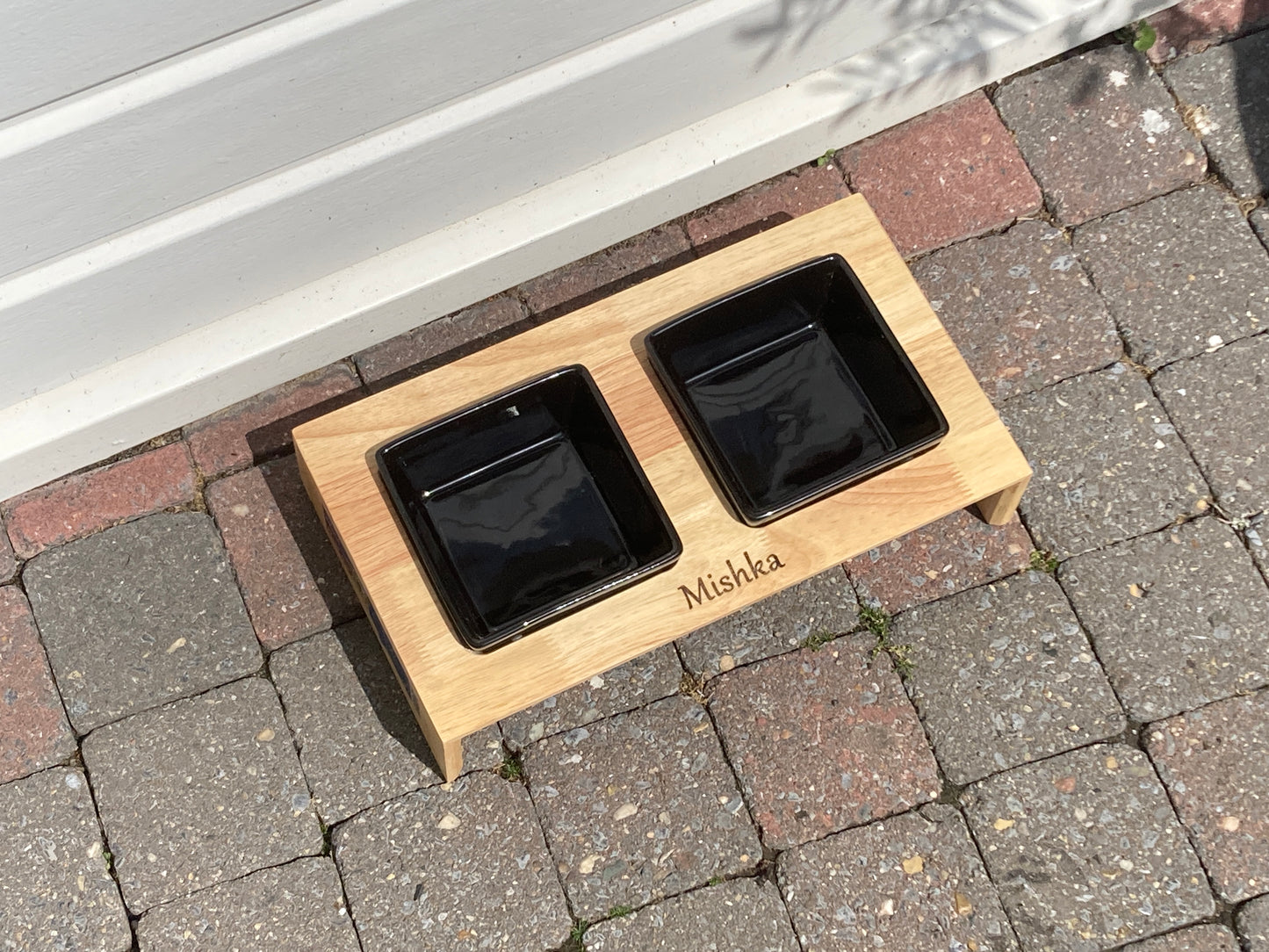 Gepersonaliseerde Luxe Voerbak Set Keramiek/Hout